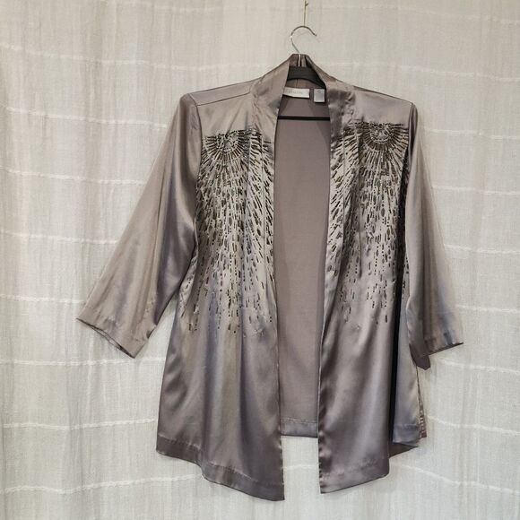 Chico's Beaded Lightweight Sunrise Open Front Duster in Light Cinder - Picture 1 of 8